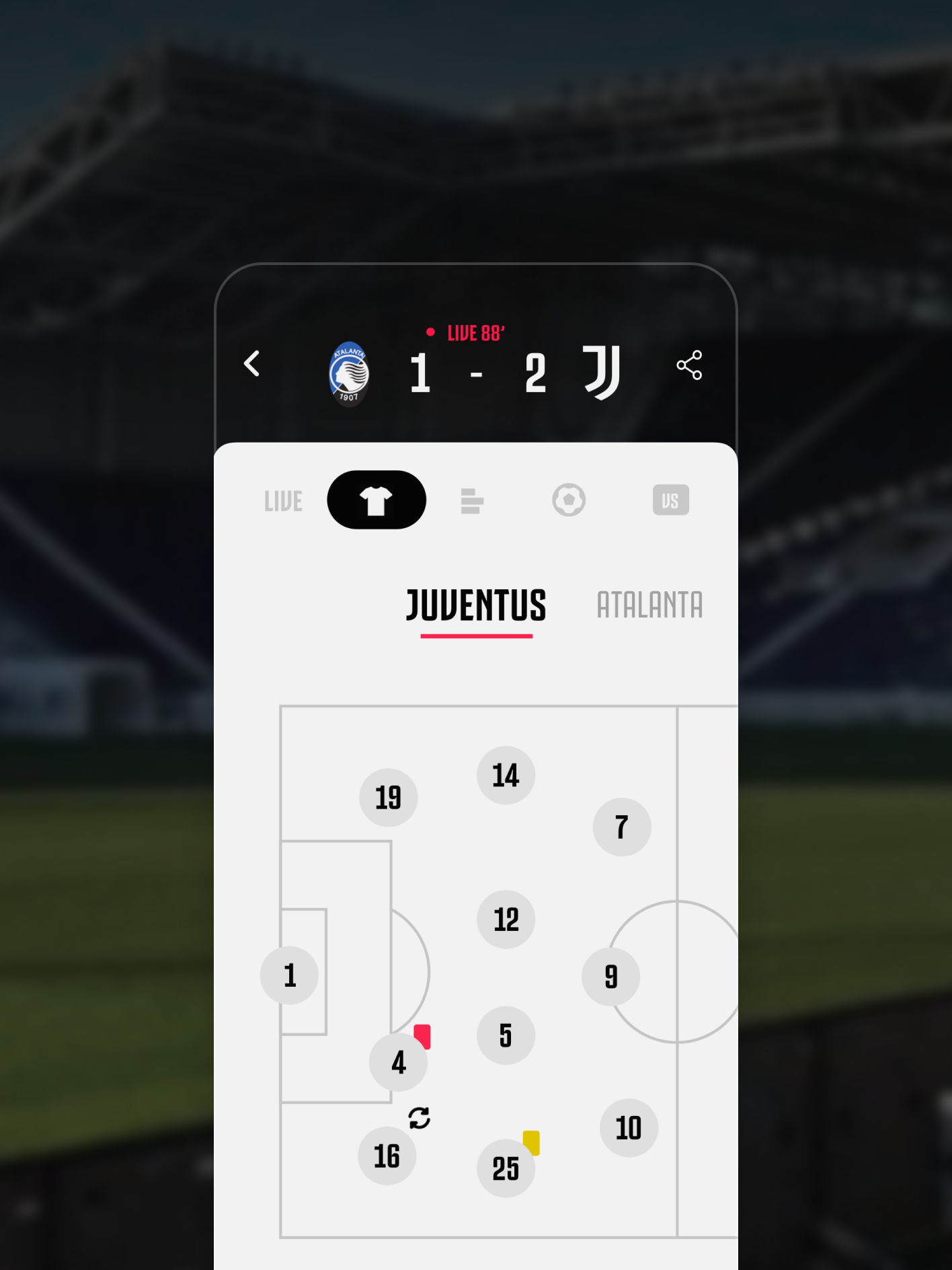 Mobile screen showing the player schema inside the soccer field