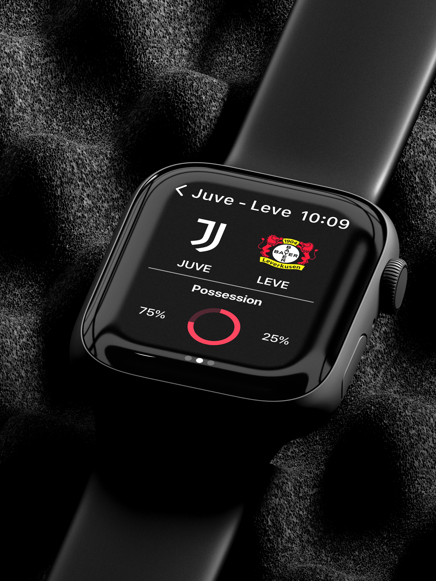 The mobile interface adapts to the smartwatch view, in this case showing the teams involved in the current match and the percentages of ball possession